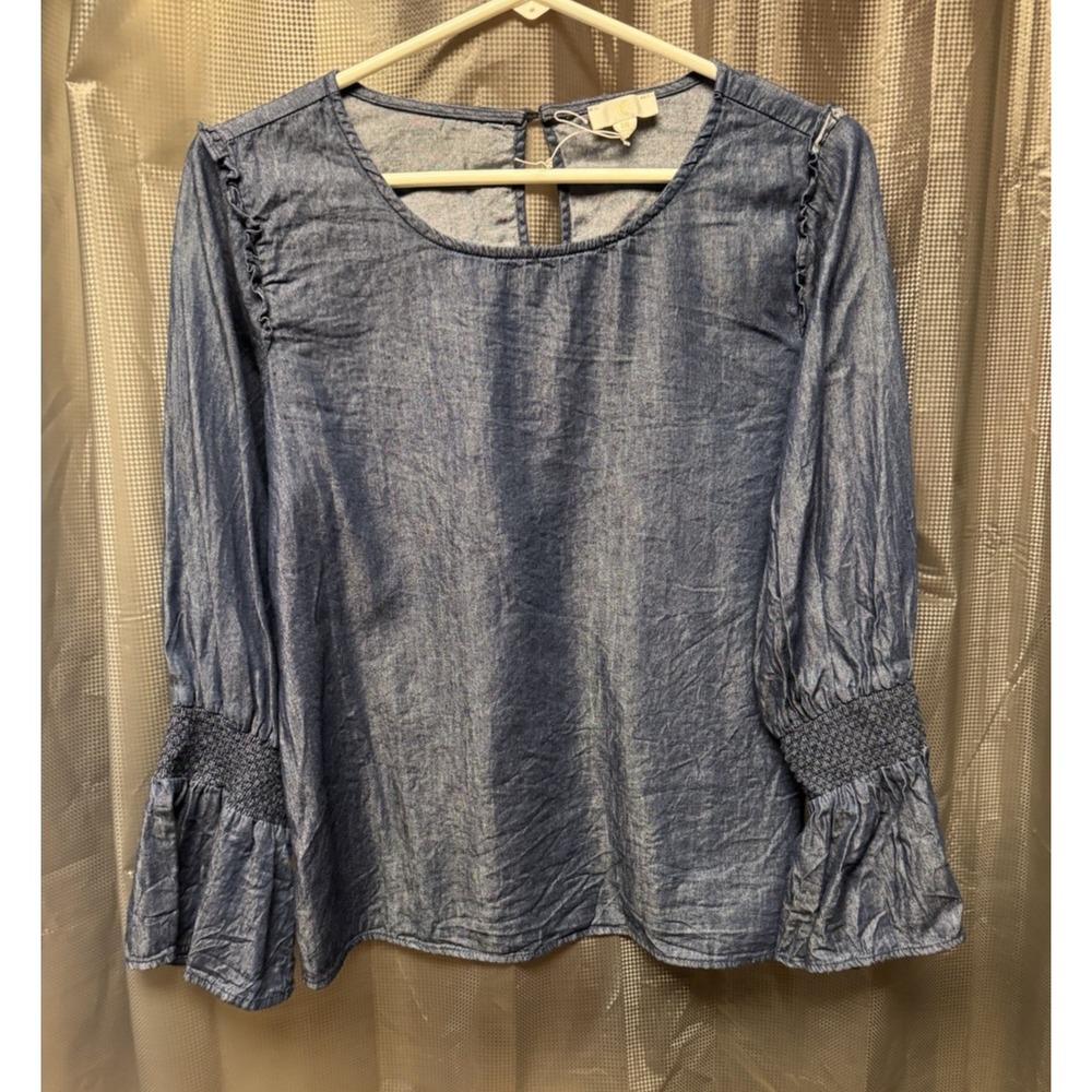 C Women's Blue Solid Denim Blouse M Round Neck Long Puff Sleeve Smocked Cuff New